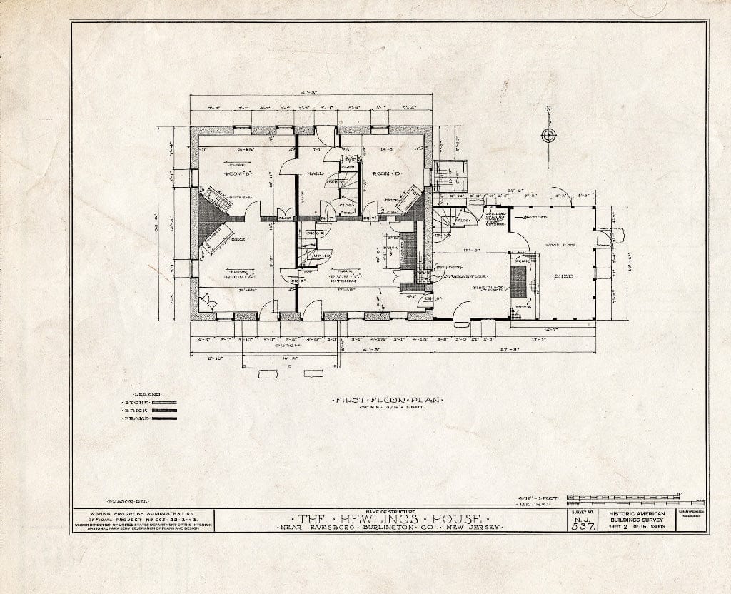 Historic Pictoric : Blueprint HABS NJ,3-EVBO.V,2- (Sheet 2 of 16) - Hewlings House, Mt. Laurel Road, Evesboro, Burlington County, NJ