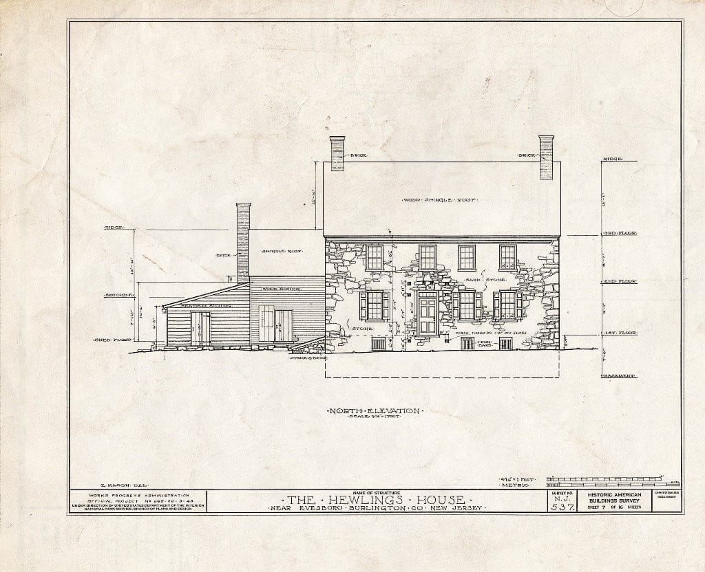 Historic Pictoric : Blueprint HABS NJ,3-EVBO.V,2- (Sheet 7 of 16) - Hewlings House, Mt. Laurel Road, Evesboro, Burlington County, NJ