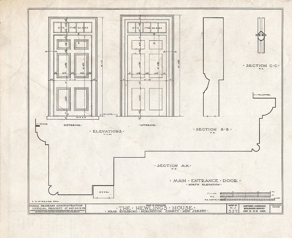 Historic Pictoric : Blueprint HABS NJ,3-EVBO.V,2- (Sheet 15 of 16) - Hewlings House, Mt. Laurel Road, Evesboro, Burlington County, NJ
