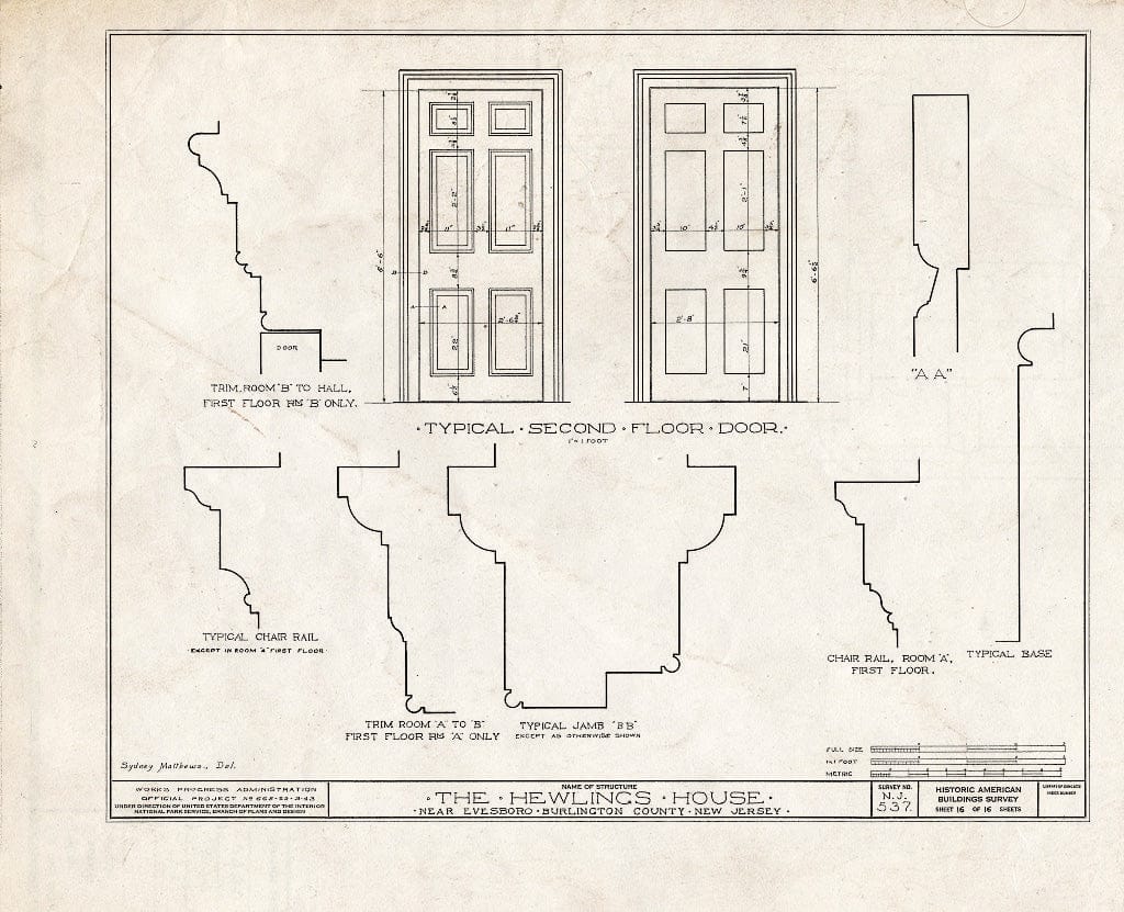 Historic Pictoric : Blueprint HABS NJ,3-EVBO.V,2- (Sheet 16 of 16) - Hewlings House, Mt. Laurel Road, Evesboro, Burlington County, NJ