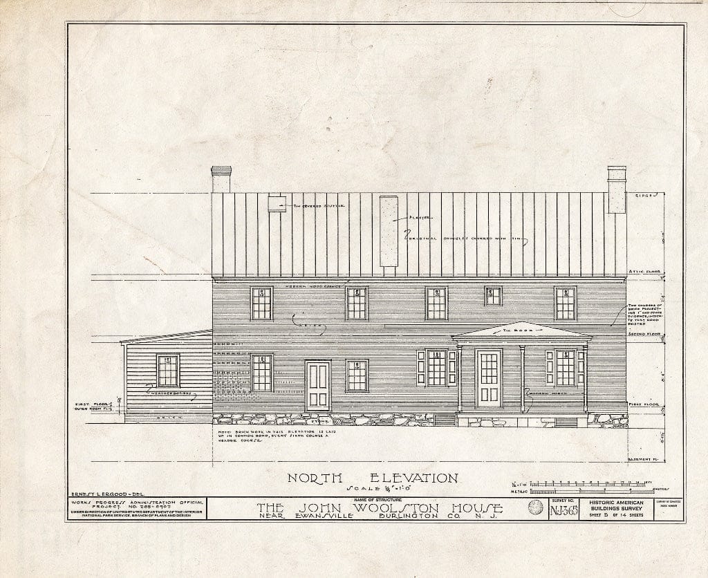 Historic Pictoric : Blueprint HABS NJ,3-EWAV.V,1- (Sheet 5 of 14) - John Woolston House, Route 39, Ewansville, Burlington County, NJ