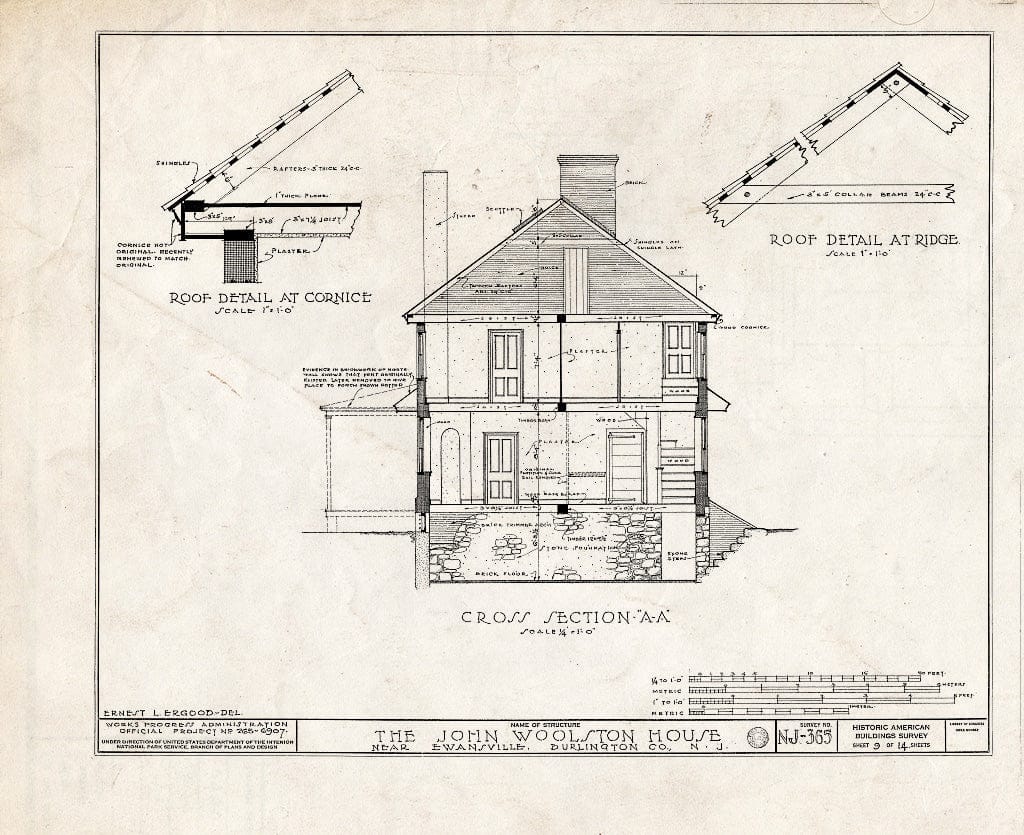 Historic Pictoric : Blueprint HABS NJ,3-EWAV.V,1- (Sheet 9 of 14) - John Woolston House, Route 39, Ewansville, Burlington County, NJ