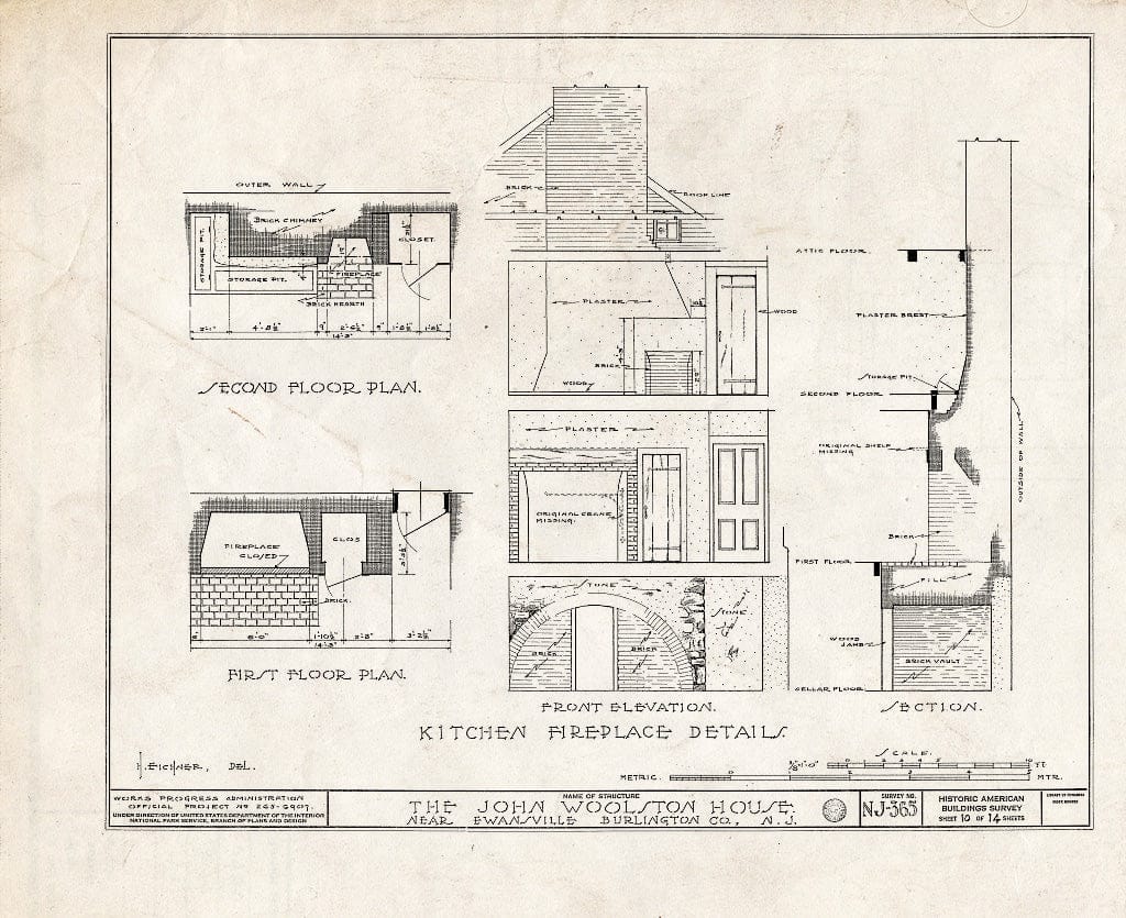 Historic Pictoric : Blueprint HABS NJ,3-EWAV.V,1- (Sheet 10 of 14) - John Woolston House, Route 39, Ewansville, Burlington County, NJ
