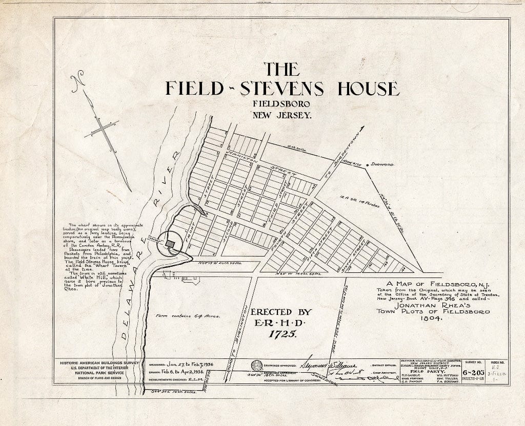 Historic Pictoric : Blueprint HABS NJ,3-FIELB,1- (Sheet 0 of 25) - Field-Stevens House, Delaware River, Fieldsboro, Burlington County, NJ