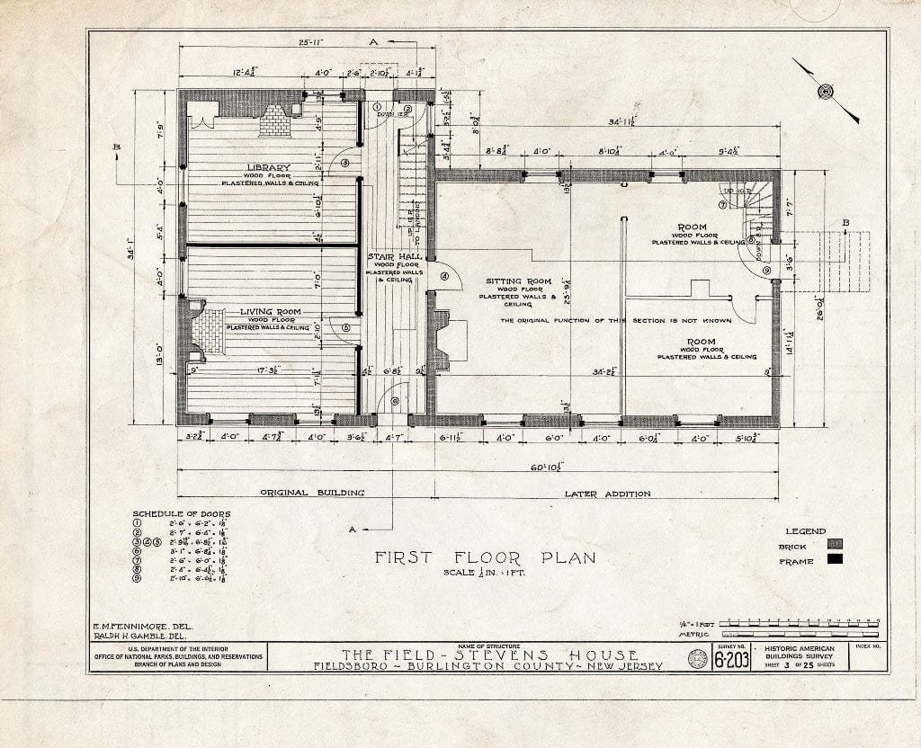 Historic Pictoric : Blueprint HABS NJ,3-FIELB,1- (Sheet 3 of 25) - Field-Stevens House, Delaware River, Fieldsboro, Burlington County, NJ