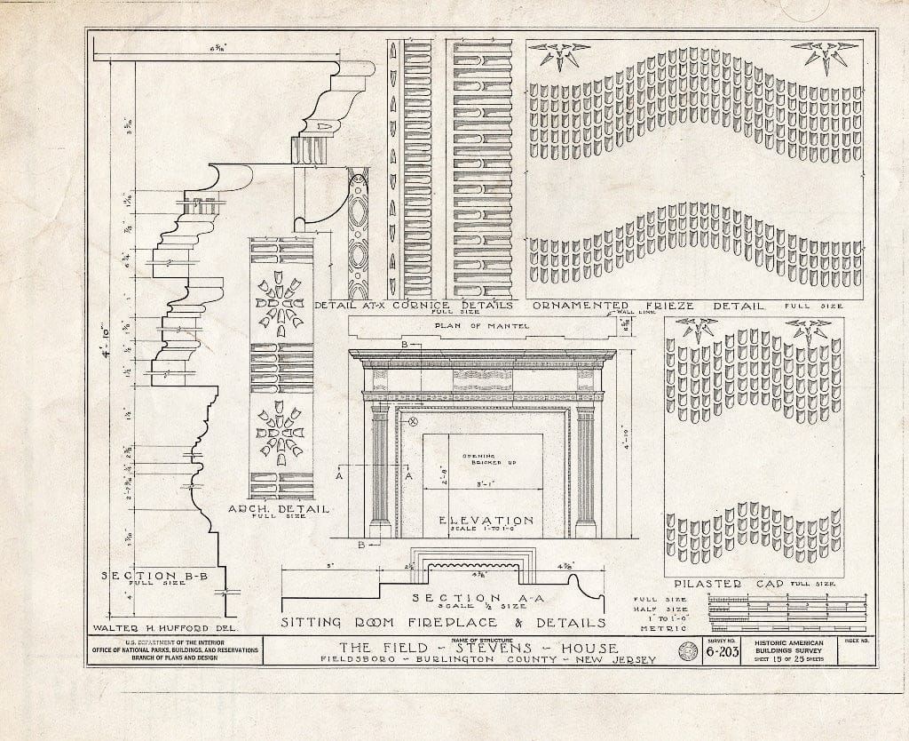 Historic Pictoric : Blueprint HABS NJ,3-FIELB,1- (Sheet 15 of 25) - Field-Stevens House, Delaware River, Fieldsboro, Burlington County, NJ