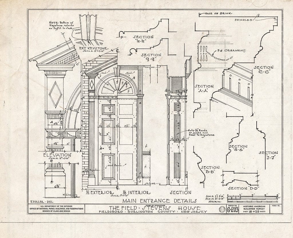 Historic Pictoric : Blueprint HABS NJ,3-FIELB,1- (Sheet 18 of 25) - Field-Stevens House, Delaware River, Fieldsboro, Burlington County, NJ