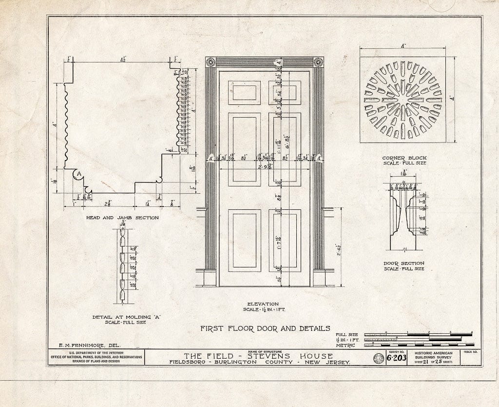 Historic Pictoric : Blueprint HABS NJ,3-FIELB,1- (Sheet 21 of 25) - Field-Stevens House, Delaware River, Fieldsboro, Burlington County, NJ