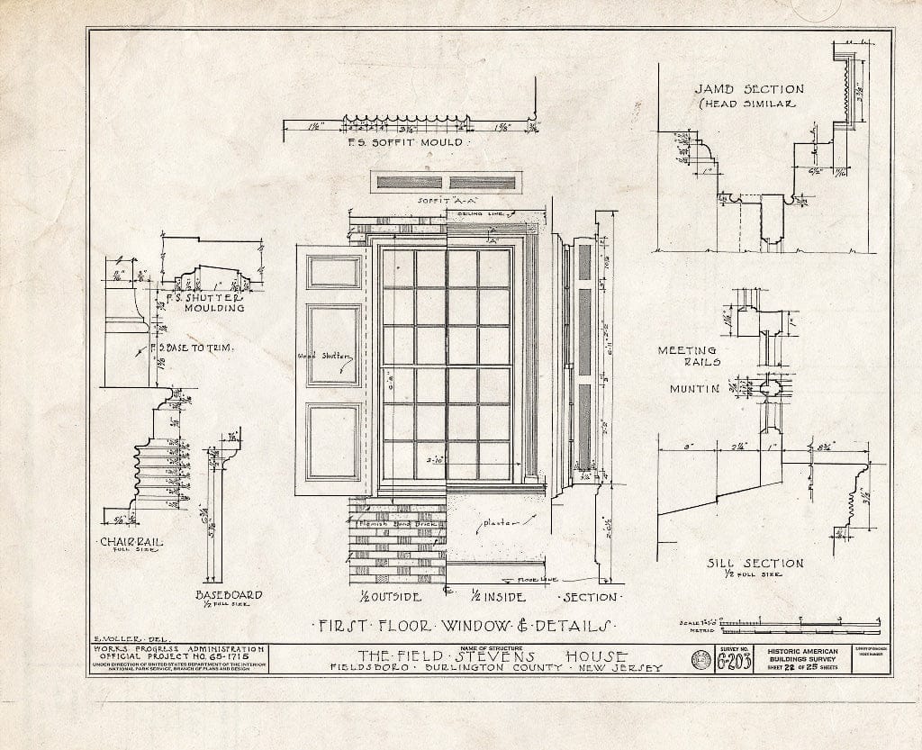 Historic Pictoric : Blueprint HABS NJ,3-FIELB,1- (Sheet 22 of 25) - Field-Stevens House, Delaware River, Fieldsboro, Burlington County, NJ
