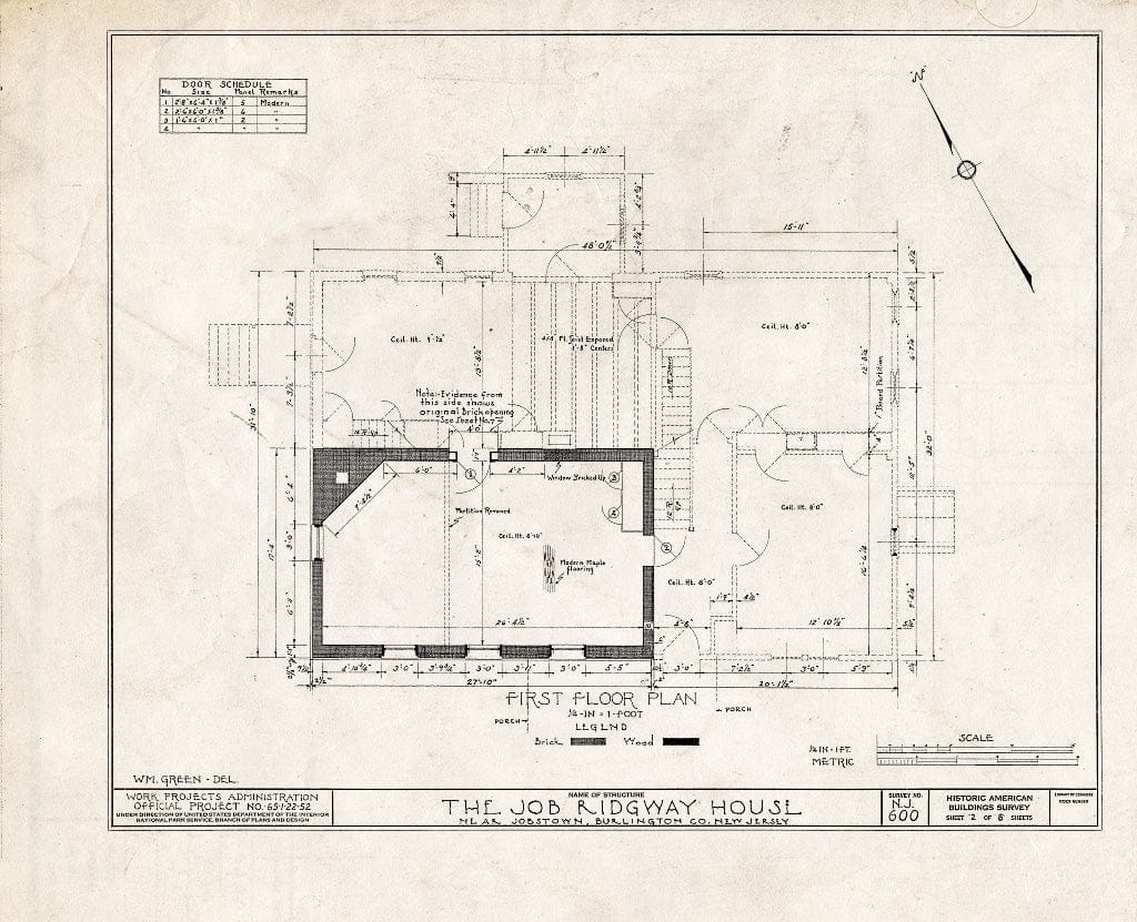 Historic Pictoric : Blueprint HABS NJ,3-JOBTO.V,1- (Sheet 2 of 8) - Job Ridgway House, Jobstown, Burlington County, NJ
