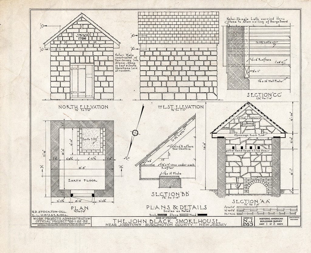 Historic Pictoric : Blueprint HABS NJ,3-JOBTO.V,3-A- (Sheet 1 of 3) - John Black Smokehouse, Monmouth Road, Jobstown, Burlington County, NJ