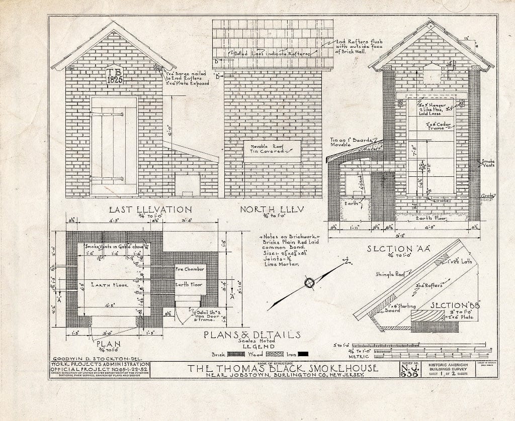 Historic Pictoric : Blueprint HABS NJ,3-JOBTO.V,4A- (Sheet 1 of 2) - Thomas Black Smokehouse, Monmouth Road, Jobstown, Burlington County, NJ