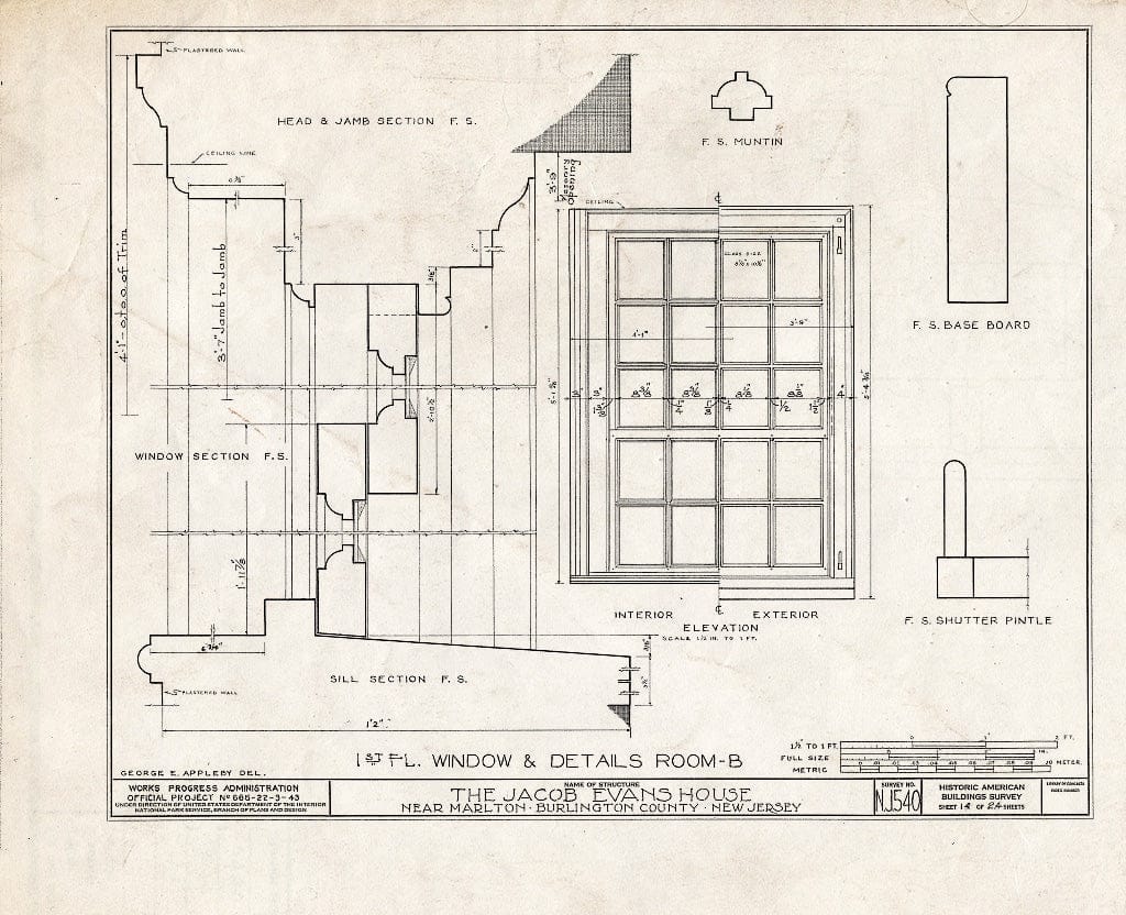 Historic Pictoric : Blueprint HABS NJ,3-MART.V,5- (Sheet 14 of 24) - Jacob Evans House, Marlton-Medford Road, Marlton, Burlington County, NJ