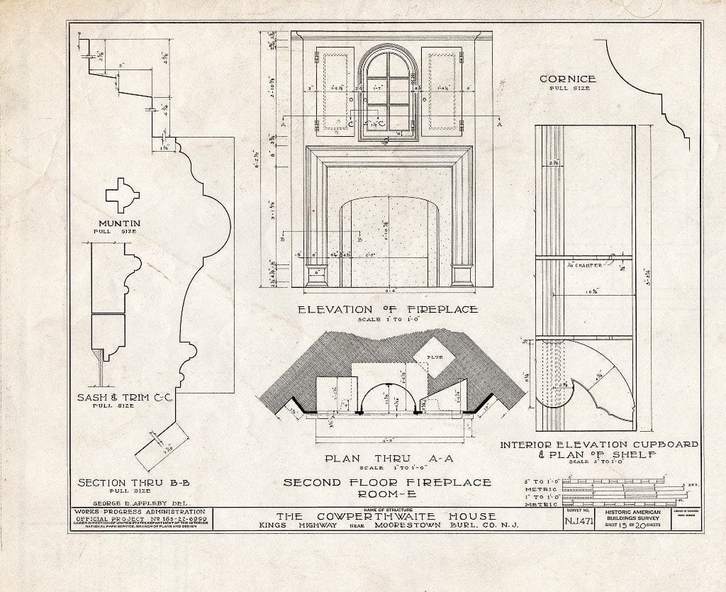 Historic Pictoric : Blueprint HABS NJ,3-MORTO.V,3- (Sheet 13 of 20) - Cowperthwaite House, King's Highway, Moorestown, Burlington County, NJ