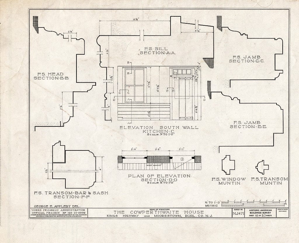 Historic Pictoric : Blueprint HABS NJ,3-MORTO.V,3- (Sheet 16 of 20) - Cowperthwaite House, King's Highway, Moorestown, Burlington County, NJ
