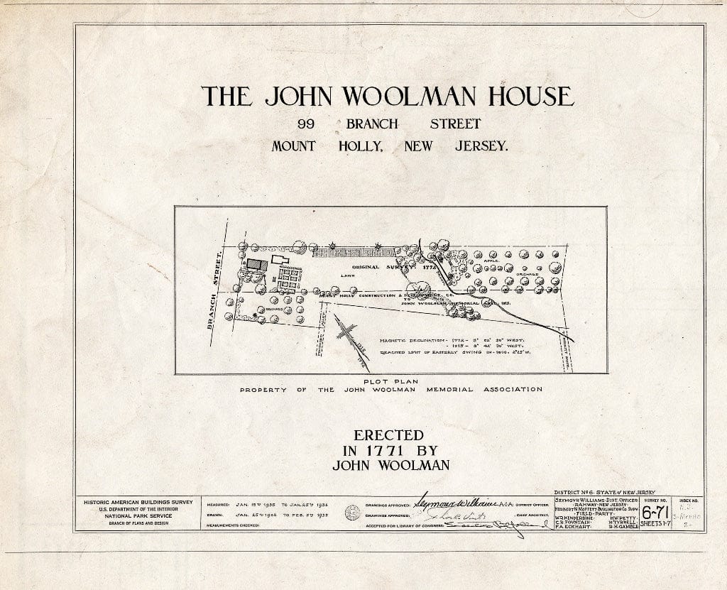 Historic Pictoric : Blueprint HABS NJ,3-MOUHO,2- (Sheet 0 of 7) - John Woolman Memorial, 99 Branch Street, Mount Holly, Burlington County, NJ