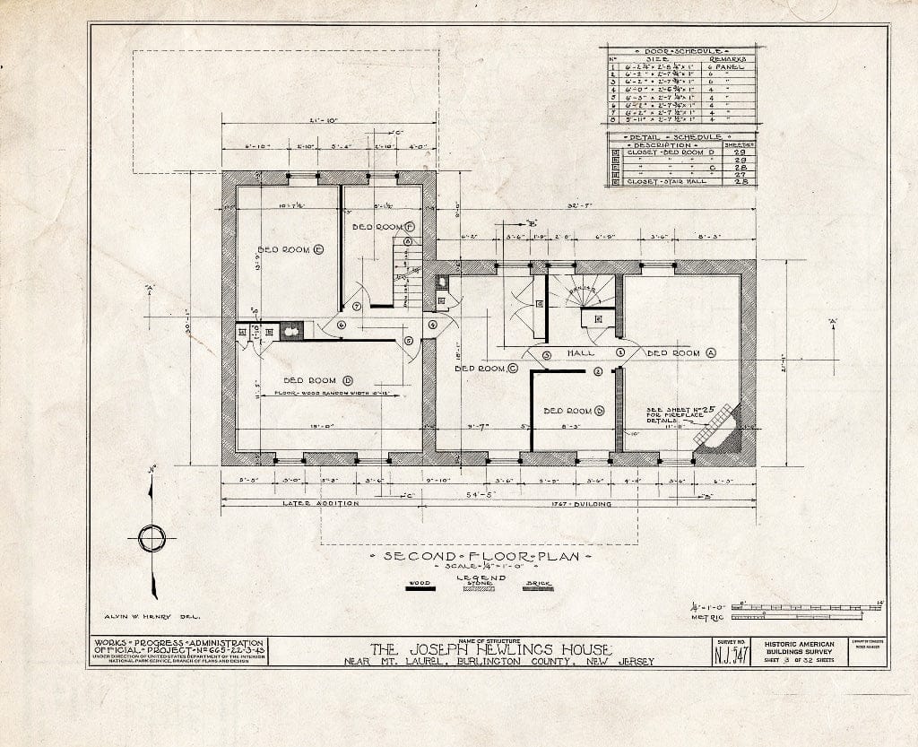 Historic Pictoric : Blueprint HABS NJ,3-MOULA.V,1- (Sheet 3 of 32) - Joseph Hewlings House, Mount Laurel, Burlington County, NJ