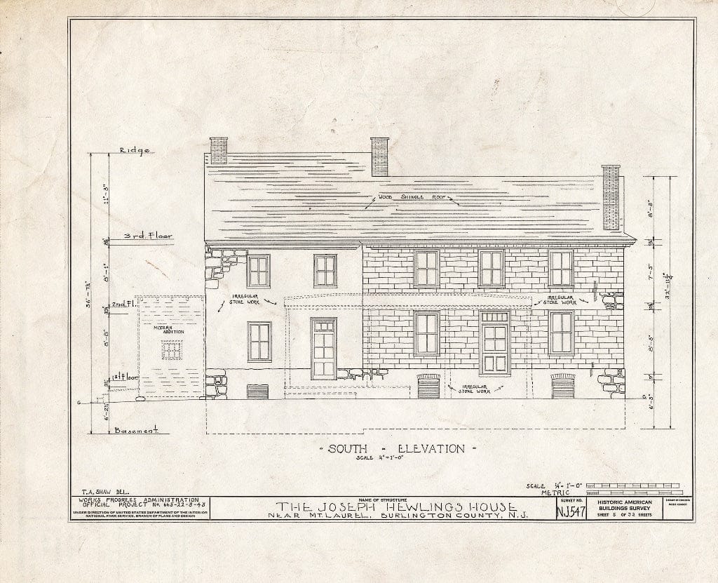Historic Pictoric : Blueprint HABS NJ,3-MOULA.V,1- (Sheet 5 of 32) - Joseph Hewlings House, Mount Laurel, Burlington County, NJ