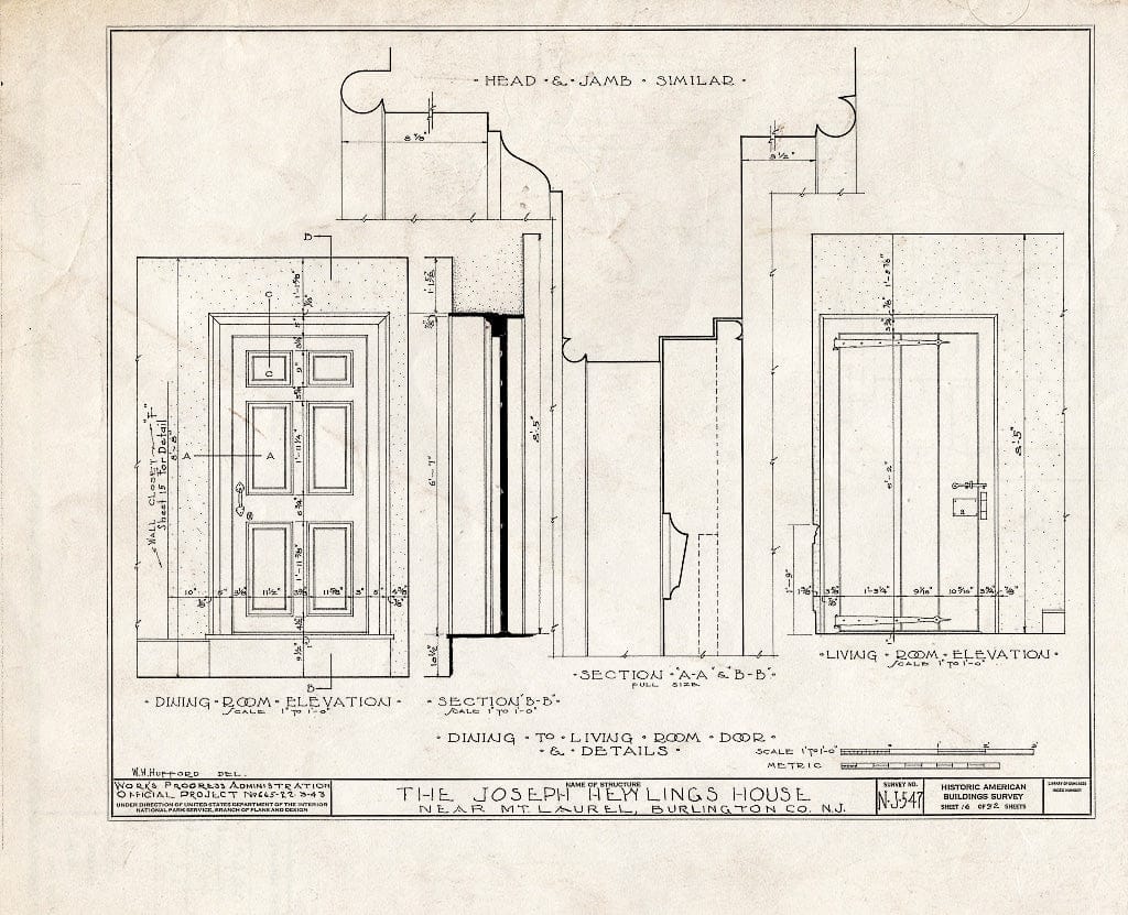 Historic Pictoric : Blueprint HABS NJ,3-MOULA.V,1- (Sheet 16 of 32) - Joseph Hewlings House, Mount Laurel, Burlington County, NJ