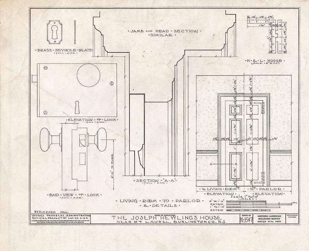 Historic Pictoric : Blueprint HABS NJ,3-MOULA.V,1- (Sheet 23 of 32) - Joseph Hewlings House, Mount Laurel, Burlington County, NJ