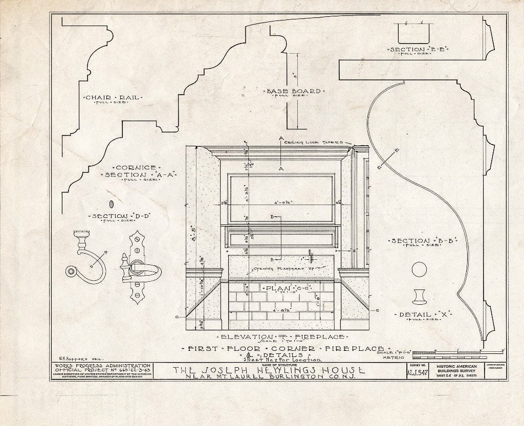 Historic Pictoric : Blueprint HABS NJ,3-MOULA.V,1- (Sheet 24 of 32) - Joseph Hewlings House, Mount Laurel, Burlington County, NJ