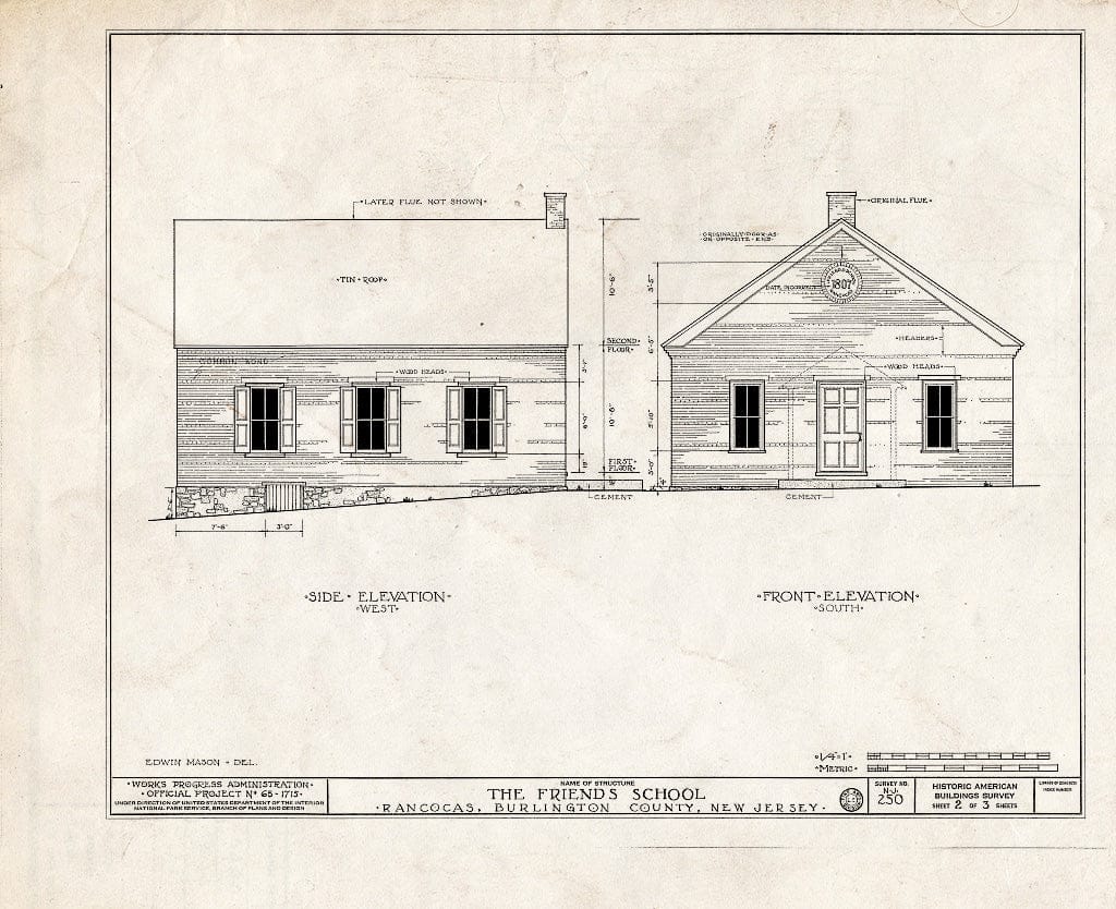Historic Pictoric : Blueprint HABS NJ,3-RANC,3- (Sheet 2 of 3) - Friends School, Main Street, Rancocas, Burlington County, NJ