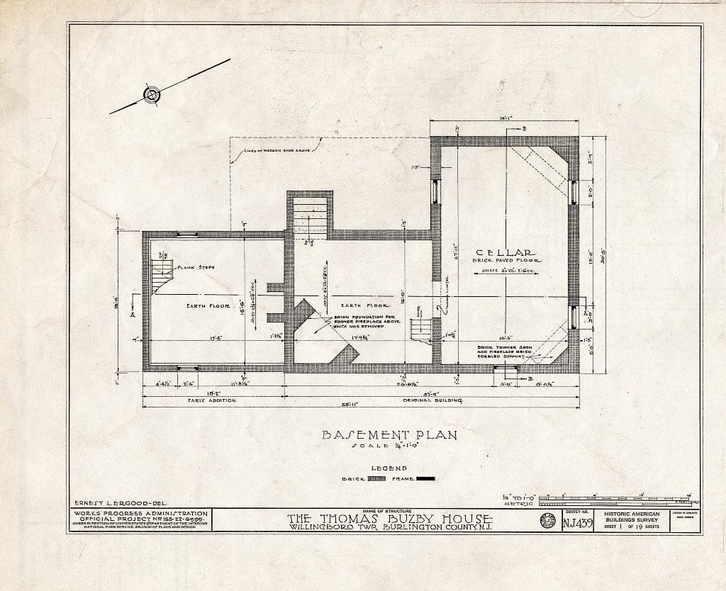 Historic Pictoric : Blueprint HABS NJ,3-RANC.V,2- (Sheet 1 of 19) - Thomas Buzby House, Rancocas River, Rancocas, Burlington County, NJ