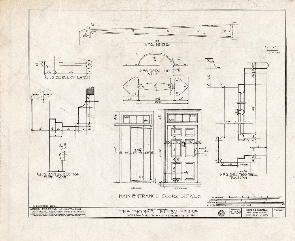 Historic Pictoric : Blueprint HABS NJ,3-RANC.V,2- (Sheet 16 of 19) - Thomas Buzby House, Rancocas River, Rancocas, Burlington County, NJ