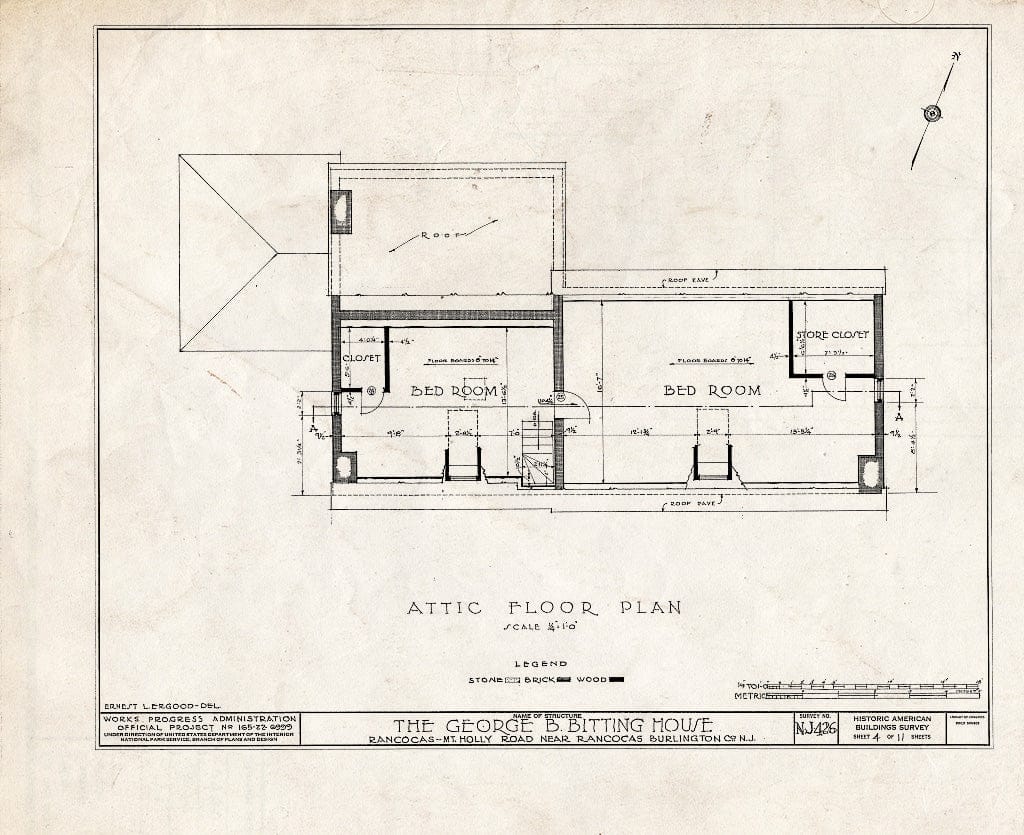 Historic Pictoric : Blueprint HABS NJ,3-RANC.V,7- (Sheet 4 of 11) - Rogers-Bitting House, Rancocas, Burlington County, NJ