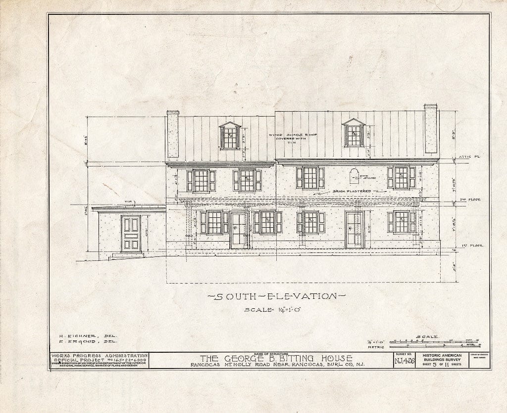 Historic Pictoric : Blueprint HABS NJ,3-RANC.V,7- (Sheet 5 of 11) - Rogers-Bitting House, Rancocas, Burlington County, NJ