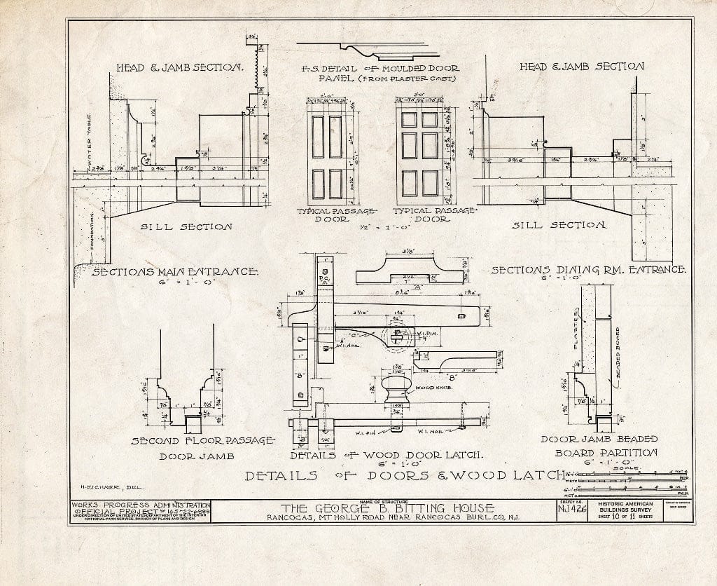 Historic Pictoric : Blueprint HABS NJ,3-RANC.V,7- (Sheet 10 of 11) - Rogers-Bitting House, Rancocas, Burlington County, NJ