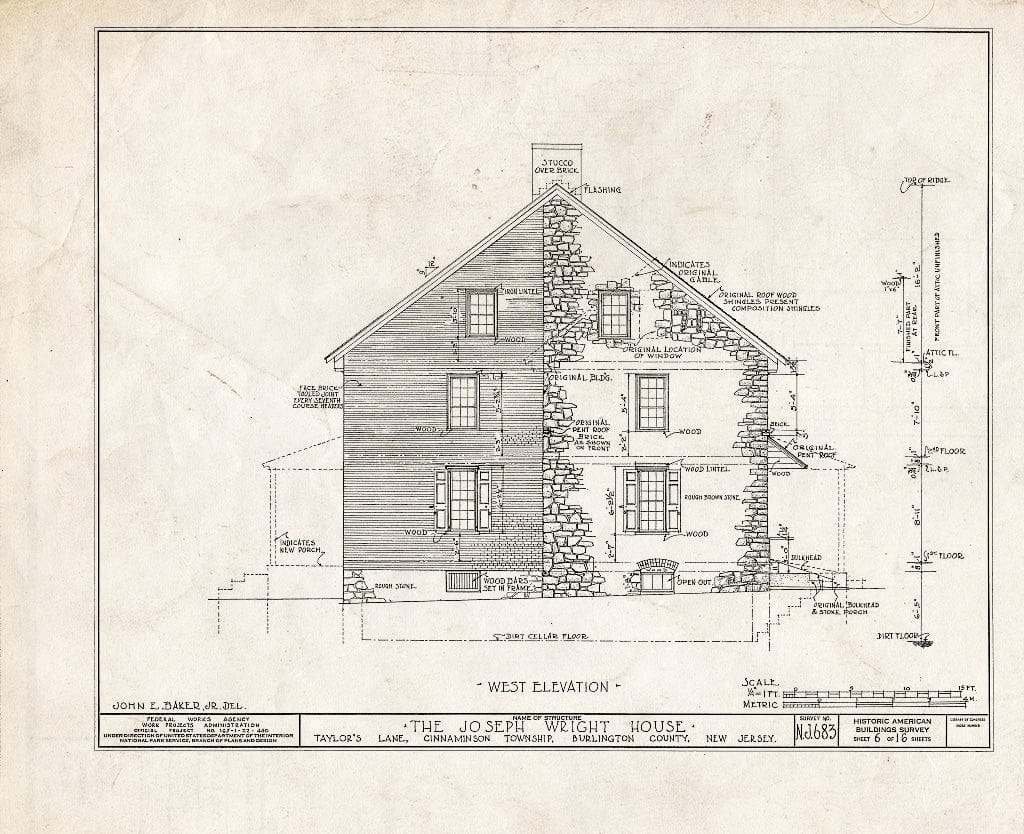 Historic Pictoric : Blueprint HABS NJ,3-RIVTO.V,1- (Sheet 6 of 16) - Joseph Wright House, Taylor's Lane, Riverton, Burlington County, NJ