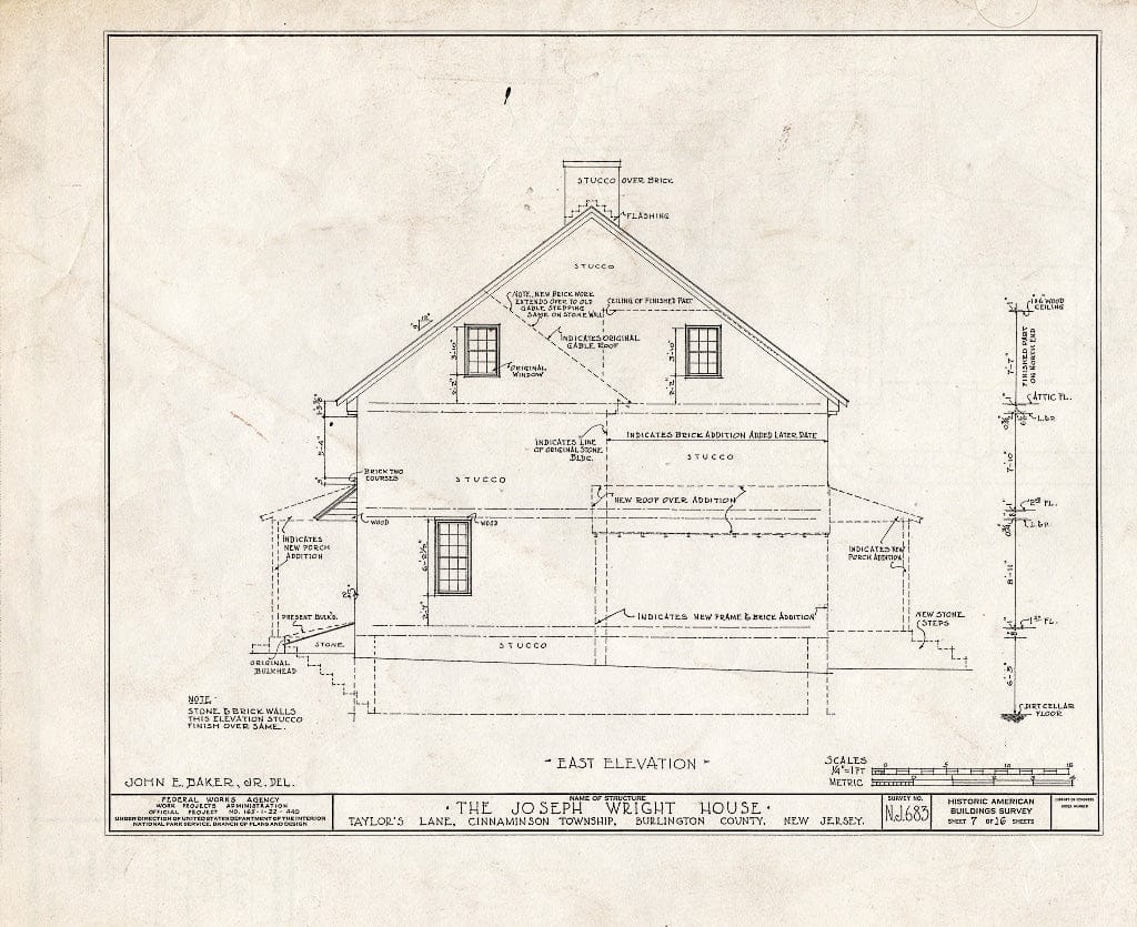 Historic Pictoric : Blueprint HABS NJ,3-RIVTO.V,1- (Sheet 7 of 16) - Joseph Wright House, Taylor's Lane, Riverton, Burlington County, NJ