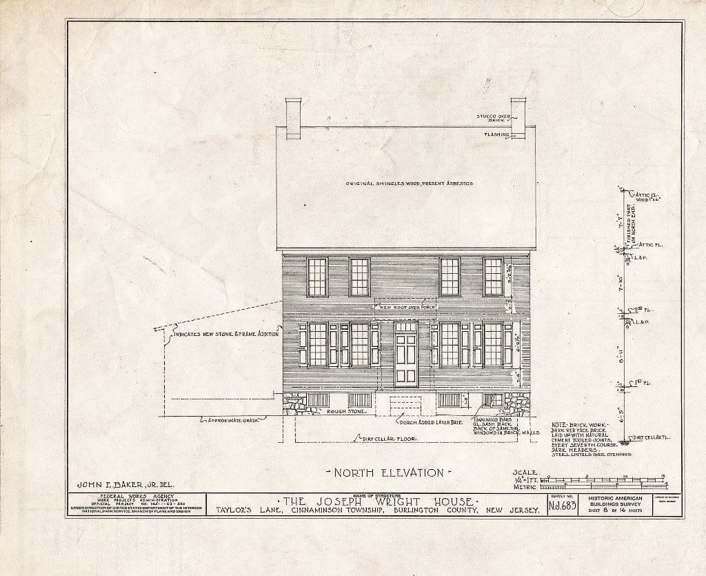 Historic Pictoric : Blueprint HABS NJ,3-RIVTO.V,1- (Sheet 8 of 16) - Joseph Wright House, Taylor's Lane, Riverton, Burlington County, NJ