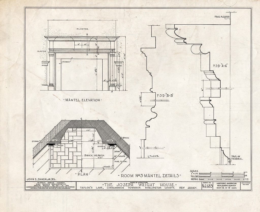 Historic Pictoric : Blueprint HABS NJ,3-RIVTO.V,1- (Sheet 12 of 16) - Joseph Wright House, Taylor's Lane, Riverton, Burlington County, NJ
