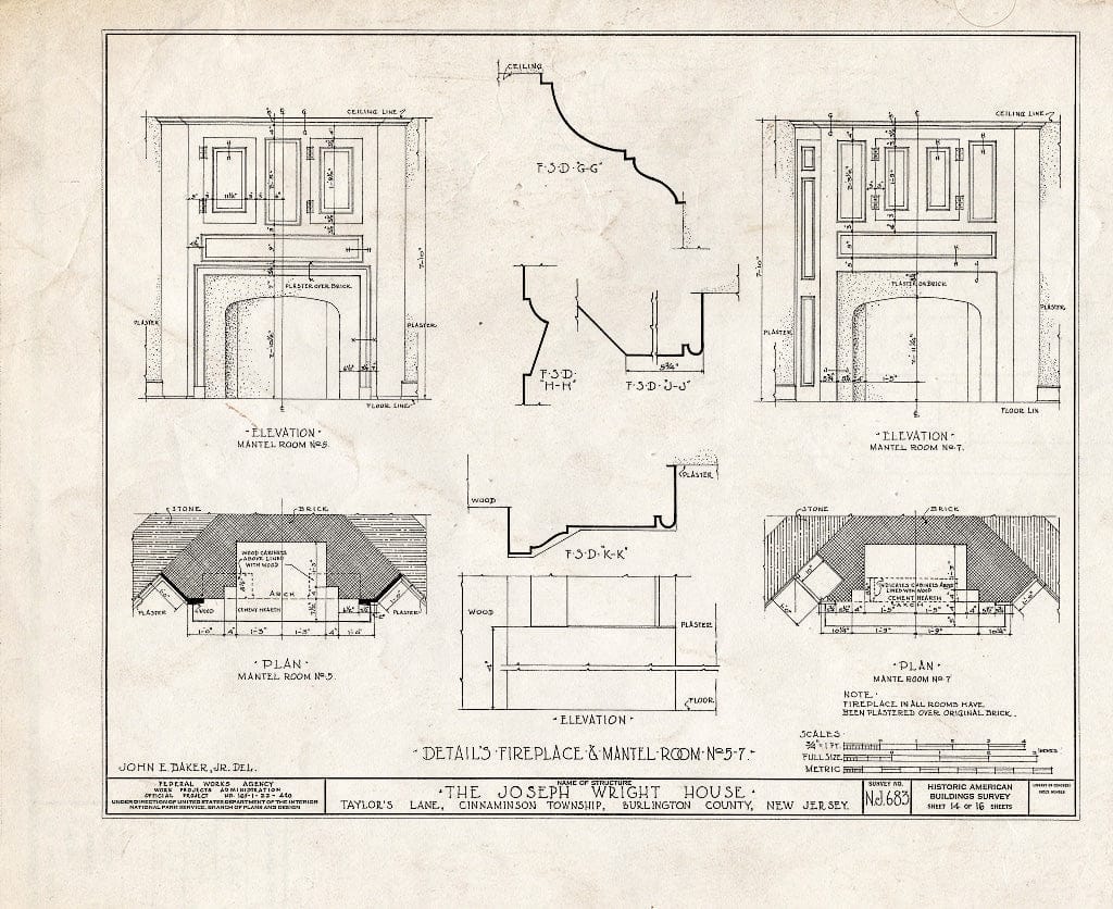 Historic Pictoric : Blueprint HABS NJ,3-RIVTO.V,1- (Sheet 14 of 16) - Joseph Wright House, Taylor's Lane, Riverton, Burlington County, NJ
