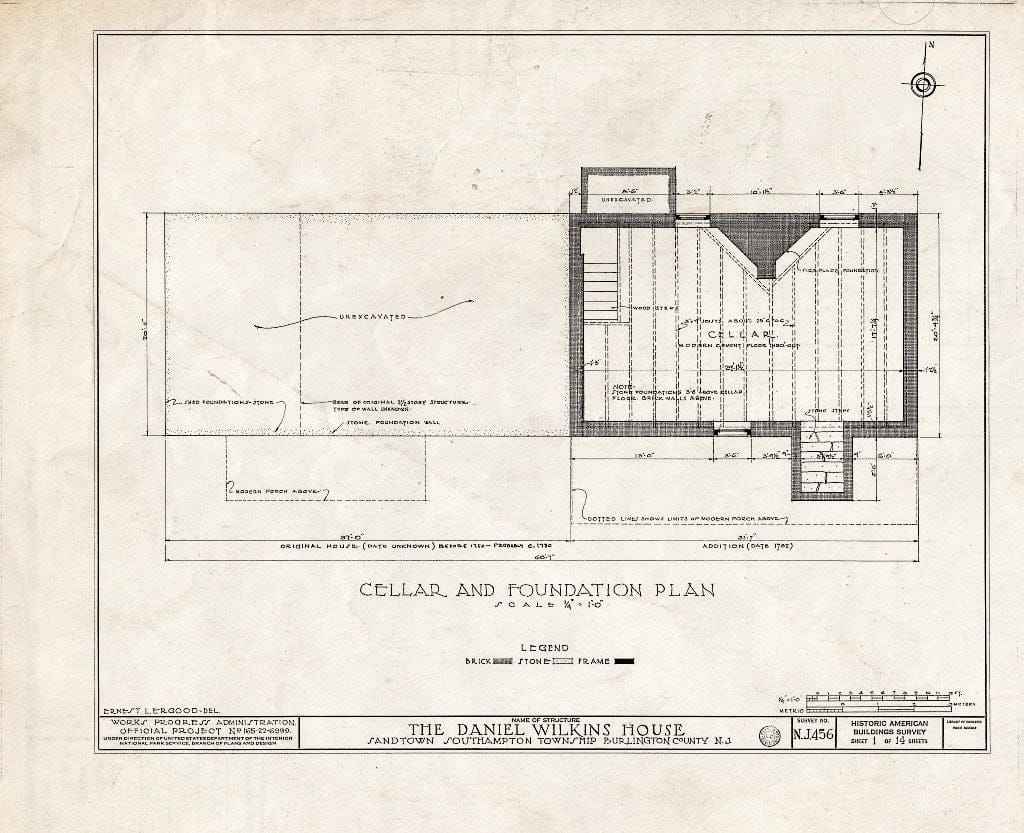 Historic Pictoric : Blueprint HABS NJ,3-Sand,1- (Sheet 1 of 14) - Prickett-Wilkins House, Sandtown, Burlington County, NJ