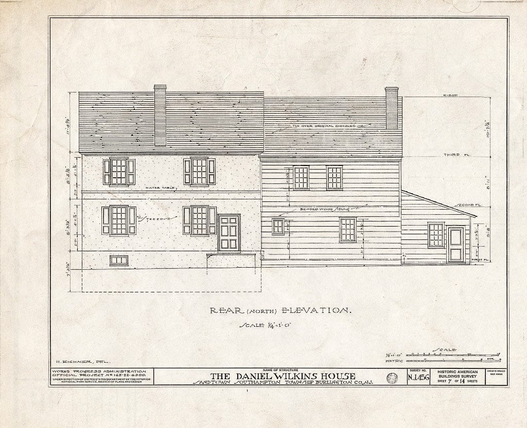 Historic Pictoric : Blueprint HABS NJ,3-Sand,1- (Sheet 7 of 14) - Prickett-Wilkins House, Sandtown, Burlington County, NJ