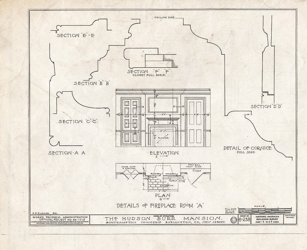 Historic Pictoric : Blueprint HABS NJ,3-PEMBS,1- (Sheet 19 of 29) - Hudson Burr Mansion, South Pemberton, Burlington County, NJ