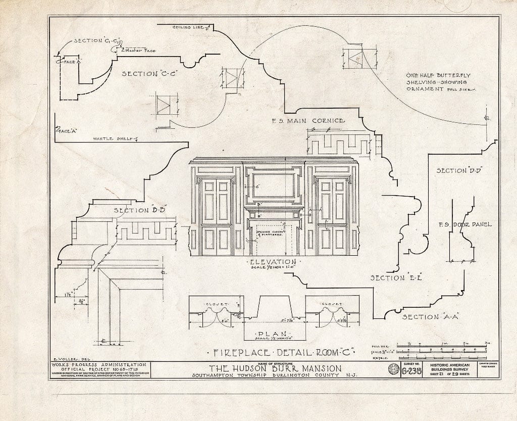 Historic Pictoric : Blueprint HABS NJ,3-PEMBS,1- (Sheet 21 of 29) - Hudson Burr Mansion, South Pemberton, Burlington County, NJ