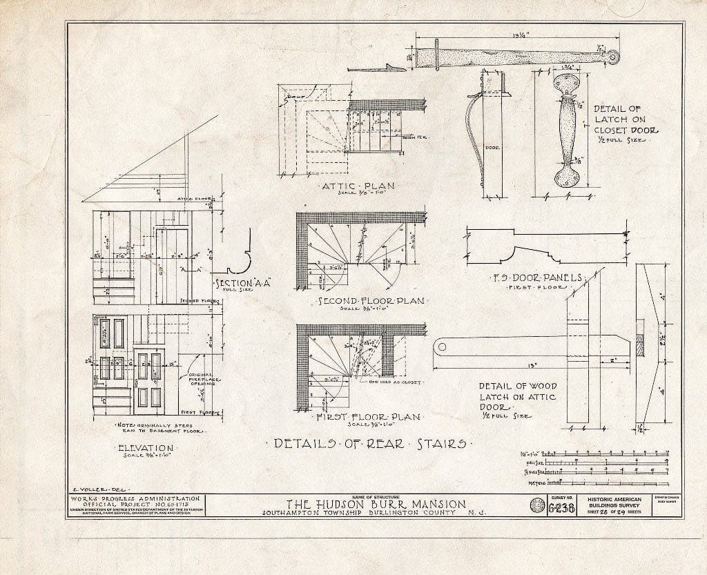 Historic Pictoric : Blueprint HABS NJ,3-PEMBS,1- (Sheet 28 of 29) - Hudson Burr Mansion, South Pemberton, Burlington County, NJ