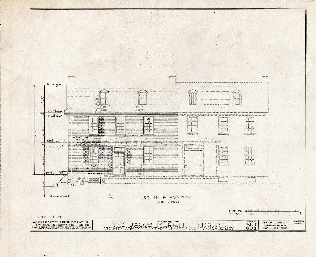 Historic Pictoric : Blueprint HABS NJ,3-MOUHO.V,3- (Sheet 5 of 17) - Jacob Merritt House, Springfield, Burlington County, NJ