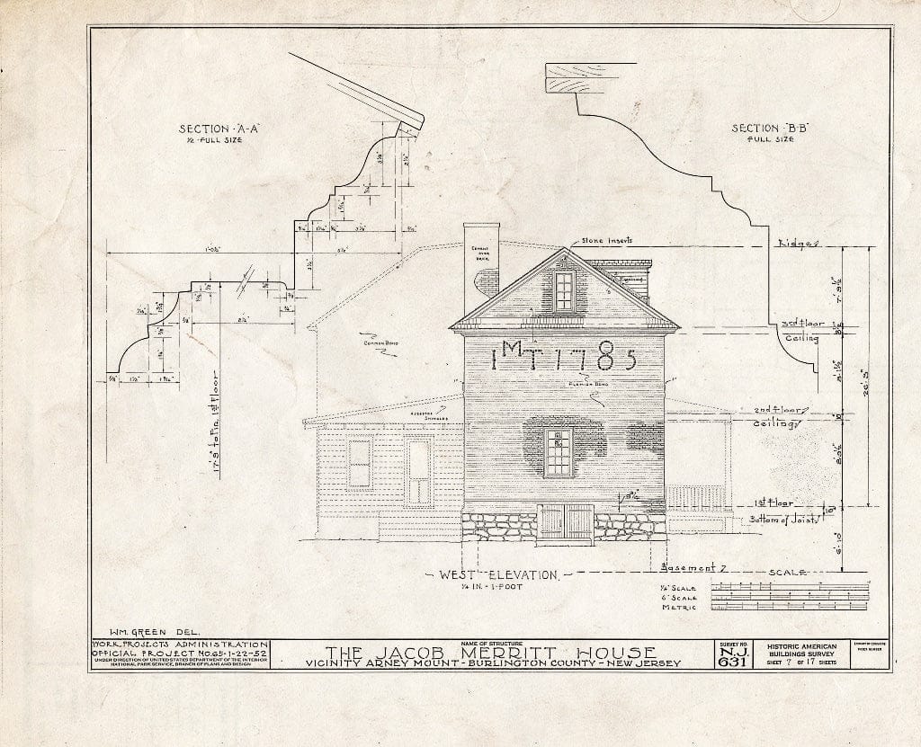 Historic Pictoric : Blueprint HABS NJ,3-MOUHO.V,3- (Sheet 7 of 17) - Jacob Merritt House, Springfield, Burlington County, NJ
