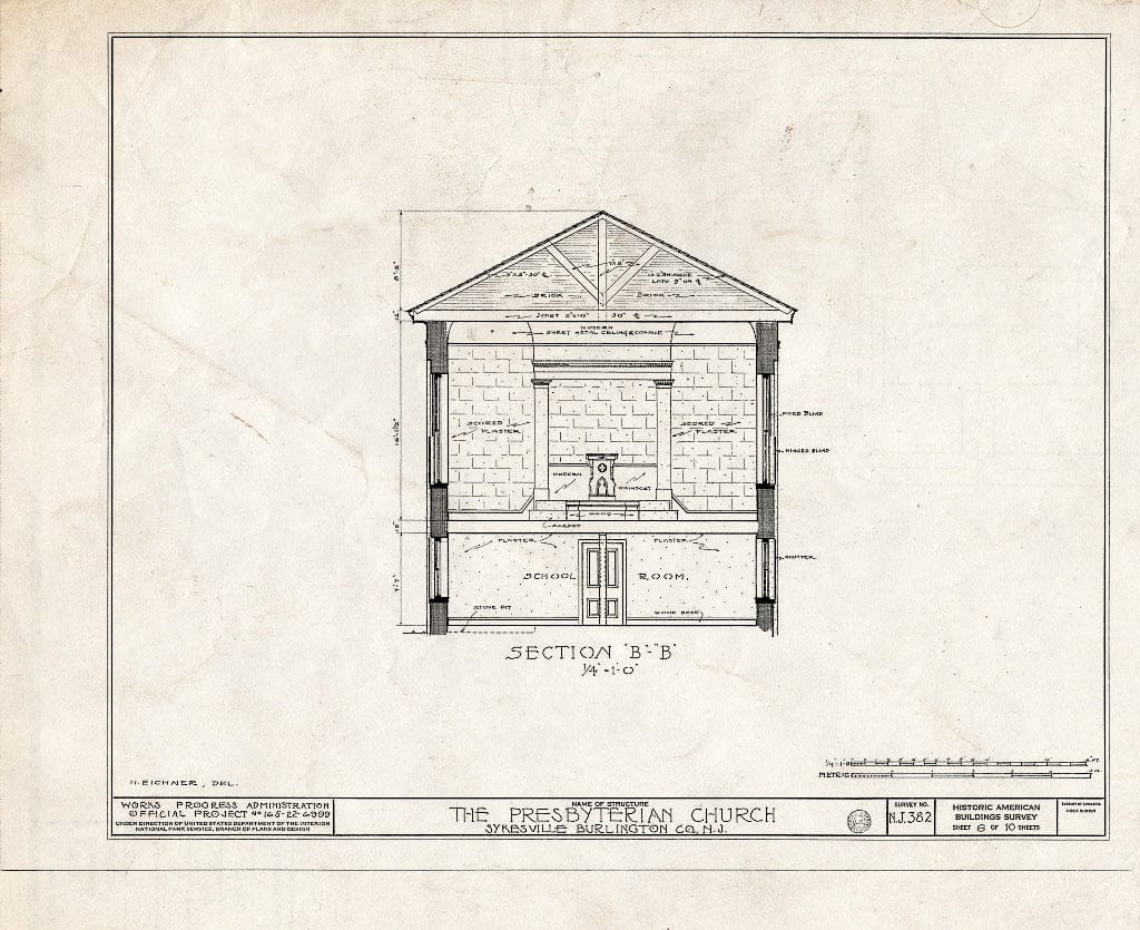 Historic Pictoric : Blueprint HABS NJ,3-SYKVI,1- (Sheet 6 of 10) - Plattsburg Presbyterian Church, Sykesville, Burlington County, NJ