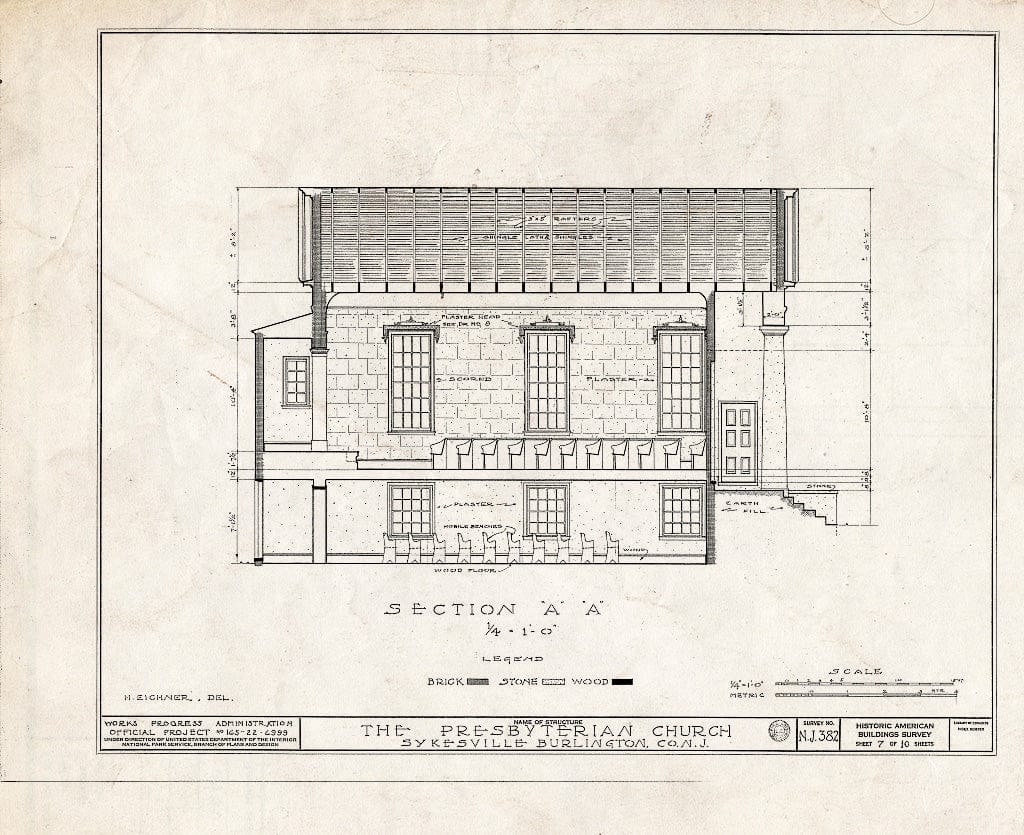 Historic Pictoric : Blueprint HABS NJ,3-SYKVI,1- (Sheet 7 of 10) - Plattsburg Presbyterian Church, Sykesville, Burlington County, NJ