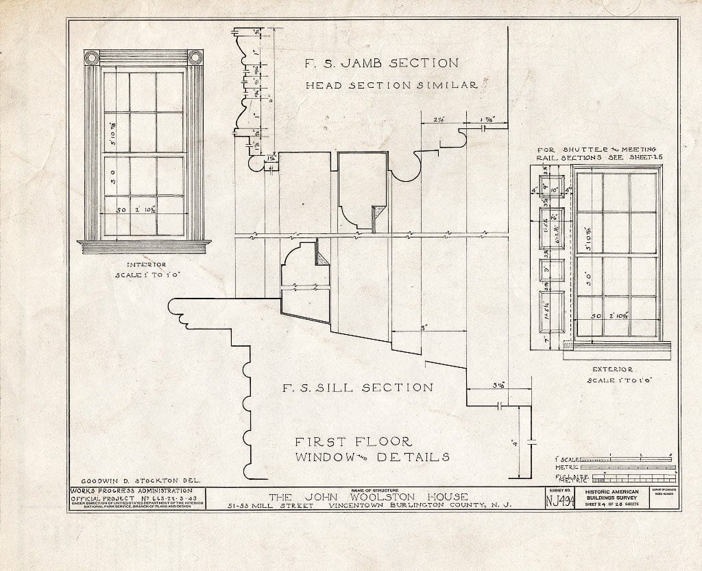 Historic Pictoric : Blueprint HABS NJ,3-VINTO,1- (Sheet 24 of 28) - John Woolston House, 51-53 Mill Street, Vincentown, Burlington County, NJ