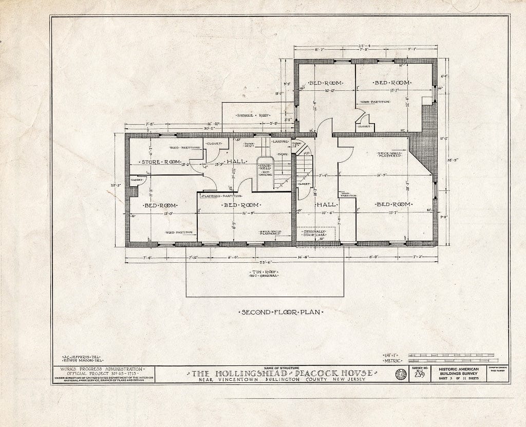 Historic Pictoric : Blueprint HABS NJ,3-VINTO.V,1- (Sheet 3 of 11) - Hollingshead-Peacock House, Pemberton-Vincetown Road, Vincentown, Burlington County, NJ