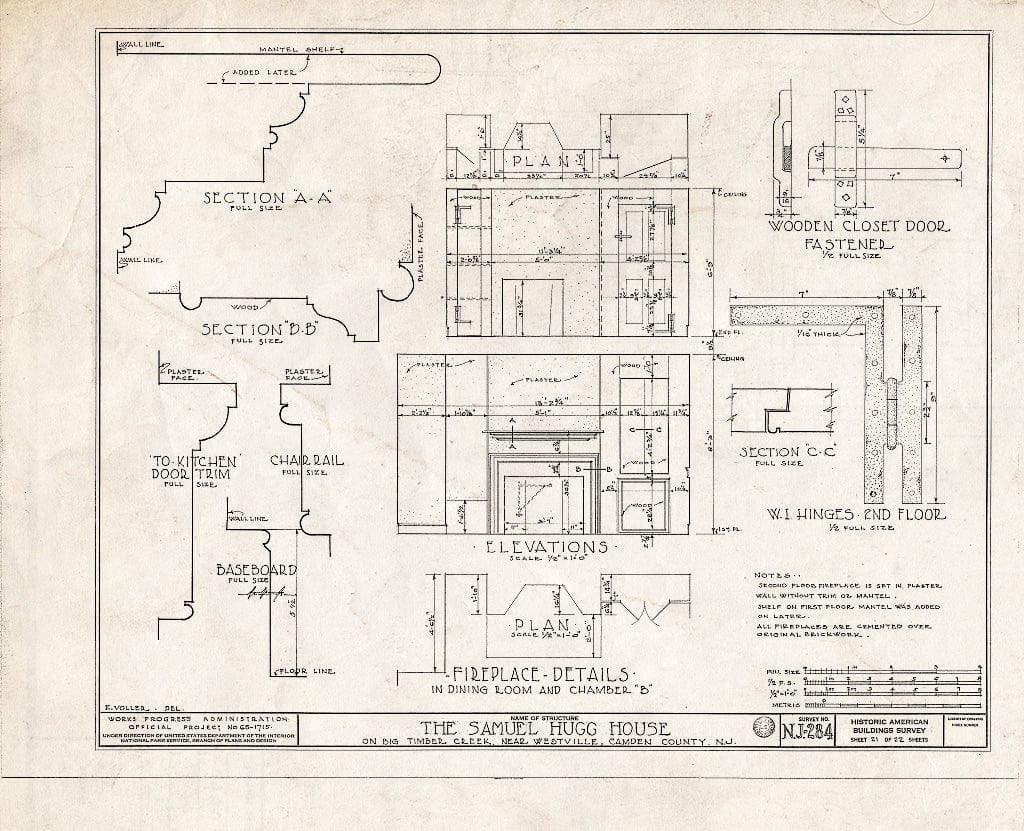 Historic Pictoric : Blueprint HABS NJ,4-BELM,3- (Sheet 21 of 22) - Samuel Hugg House, Big Timber Creek, Bellmawr, Camden County, NJ