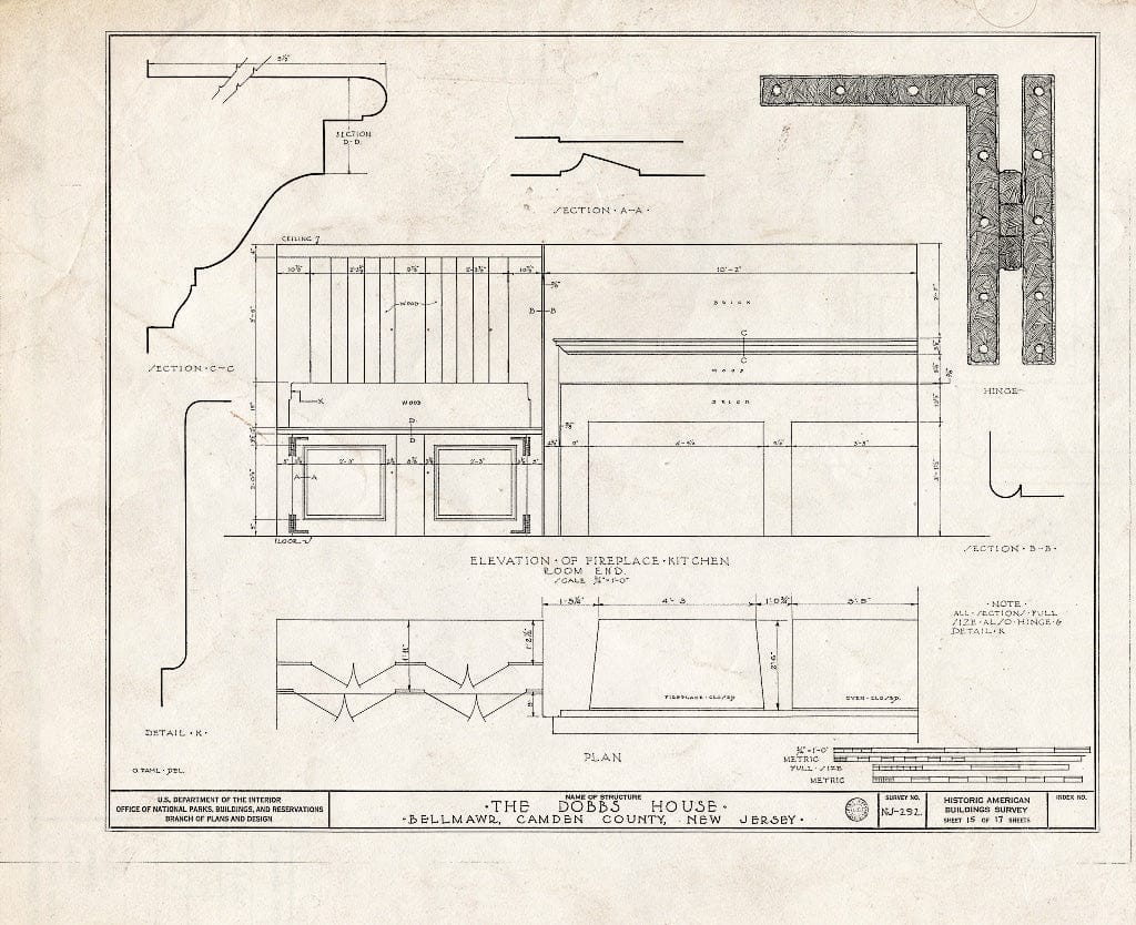 Historic Pictoric : Blueprint HABS NJ,4-BELM.V,1- (Sheet 15 of 17) - Dobbs House, Bellmawr, Camden County, NJ