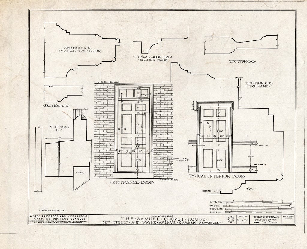 Historic Pictoric : Blueprint HABS NJ,4-CAM,5- (Sheet 12 of 18) - Samuel Cooper House, 1104 North Twenty-Second Street, Camden, Camden County, NJ